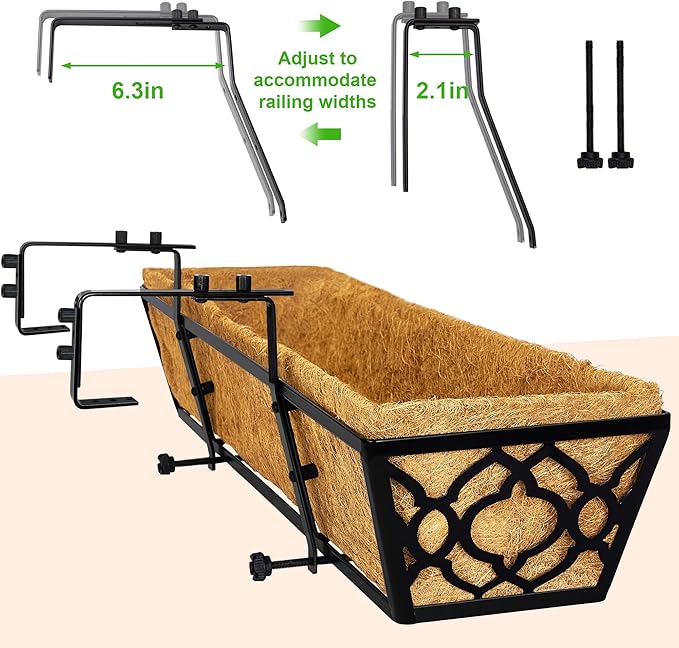 2pcs 24 Inch Window Deck with Coco Liner, 24" Window Boxes Horse Trough with Coconut Coir Liner, Metal Hanging Flower Planter Window Basket Deck Railing Planter Boxes for Outdoor Indoor Lawn