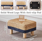 Wimarsbon Natural Seagrass Footstool Ottoman Rectangular Footrest Pouf Ottomans with Wooden Legs Hand Weave Step Stool for Living Room Bedroom Entryway Blue