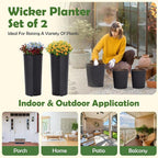 Idzo All Weather Wicker Planters for Outdoor Plants Set of 2, 24 inch Tall Black Planter for Front Porch, Patio, Balcony, Indoor Usage - Round Rattan Flower Pots