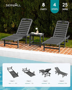 SERWALL Outdoor Chaise Lounge Set of 8, HDPE Pool Lounge Chairs with 5-Position Adjustable Backrest, Patio Loungers with Rolling Wheels & Cup Holder for Pool Sunbathing, Grey