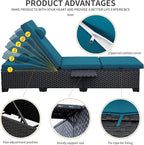 WAROOM Outdoor Chaise Lounge Chairs for Outside Patio Furniture Set of 2 Wicker Recliner Black Rattan Sunbathing Lounger Adjustable Backrest Pool Reclining Chair, Peacock Blue Cushion