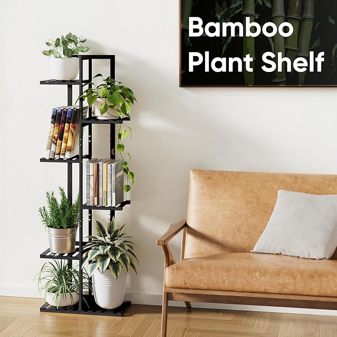 ROSSNY 48 Inch Tall Plant Stand Indoor, 6 Tier 7 Potted Bamboo Plant Stands for Indoor Plants, Corner Plant Stand, Tiered Plant Stands, Plant Shelf For Indoor, Planter Holder for Multiple Plants Indoor, Black