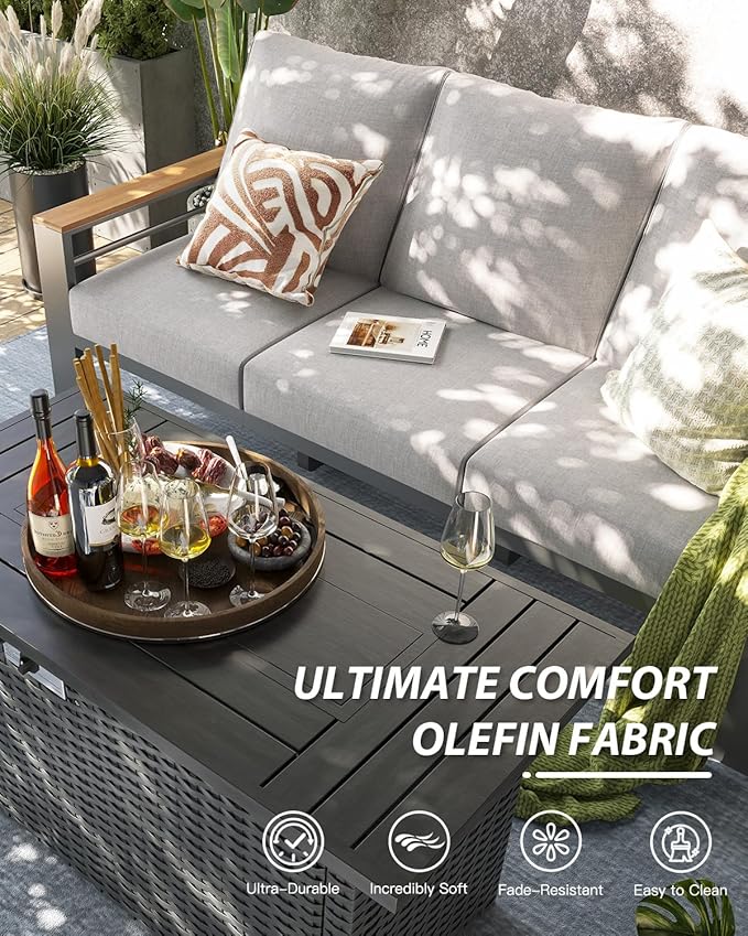 Aoxun Aluminum Outdoor Patio Furniture Set, 8-piece Outdoor Sectional with 44'' Propane Gas Firepit Table, Patio Conversation Sets with Upgraded Armrests and Cushions for Backyard, Garden and Poolside