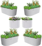 A ANLEOLIFE Set of 6 24 Inch Tall Antique White Raised Garden Beds Kit, Oval & Round Metal Planters – Ideal for Backyard Vegetables Flowers Herbs
