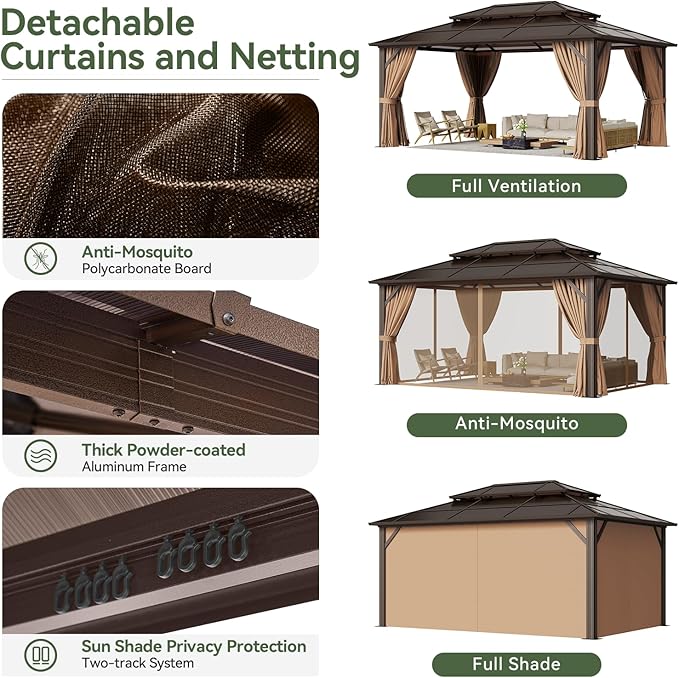 Aoxun 12'x16' Hardtop Gazebo, Aluminum Frame Permanent Pavilion with Curtains and Netting, Outdoor Polycarbonate Double Roof Canopy, Designed for Garden, Lawns, Patio