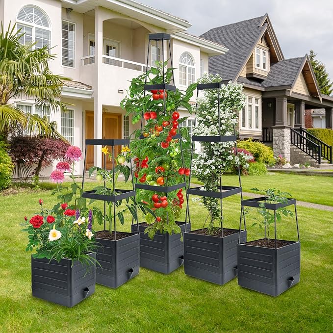 MQUPIN Tomato Planter Box with Trellis for Garden, 57 Inch Self-Watering Raised Garden Bed, Patio Tomato Cage for Climbing Vegetables & Flowers, Upgraded Tomato Pot for Indoor Outdoor Use (4 Pack)