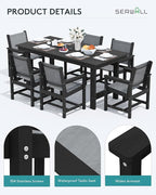 SERWALL Patio Dining Sets for 6, Outdoor HDPE Dining Set with Umbrella Hole Cut-Out Table and 6 Woven Chairs, Black