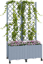 Outsunny Planter Box with Trellis, Self Watering Raised Garden Bed with Lockable Wheels, 56.3" Trellis Privacy Planter with Drainage Holes for Climbing Plants, Vines, Vegetables, Flowers, Gray