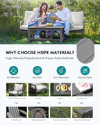 SERWALL HDPE Patio Sofa Set, 4-piece Sectional Outdoor Furniture Set, All Weather Outdoor Couch Set Patio Furniture Set for Deck, Lawn, Grey Frame with Khaki Cushion