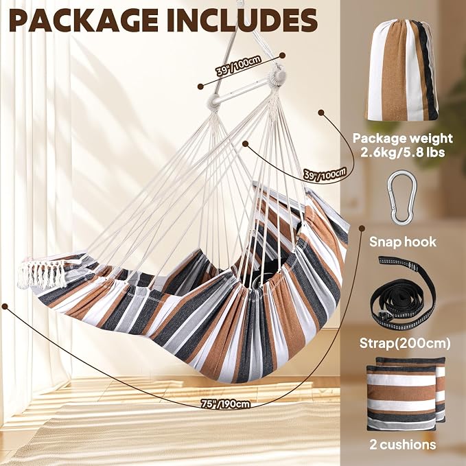Hammock Chair with Foot Rest, 2 Cushions, 500 lb Capacity, Brown Stripes