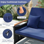 Tangkula Patio Rattan Daybed with 4-Level Adjustable Backrest, Outdoor Wicker Loveseat with Acacia Wood Armrest, Storage Ottoman & Folding Tray, Double Sunbed for Yard & Poolside (Navy & Black)