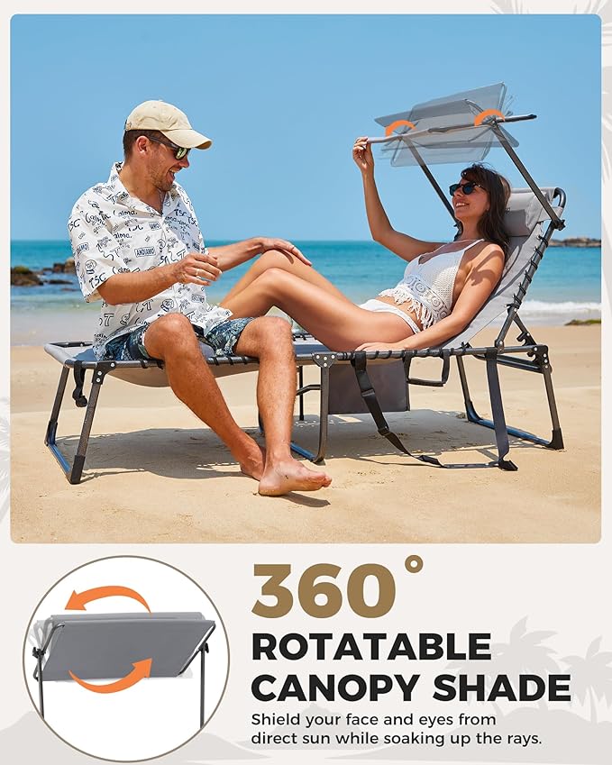 KingCamp Oversized Tanning Chair, Extra-Wide Padded Folding Chase Lounge Chairs Adjustable 5-Position 400lbs Heavy Duty Lounger with Double-Layer Oxford Canopy Shade for Outdoor Beach Patio Sun Pool