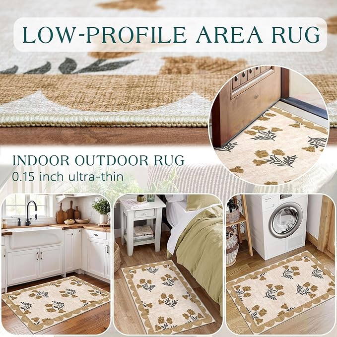 Outdoor Rug, 2 x 3 ft Floral Scalloped Edge Entry Mat in Beige