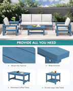 SERWALL HDPE Patio Furniture Set, 7-piece Outdoor Sectional Sofa Set, All Weather Outdoor Couch Set for Deck, Lawn, Blue Frame with Grey Cushion