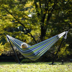 Vivere Double Cotton Hammock with Space Saving Steel Stand, Upgraded Polyester End Strings 450 lb Capacity - Premium Carry Bag Included - USA Grown Cotton (Oasis)