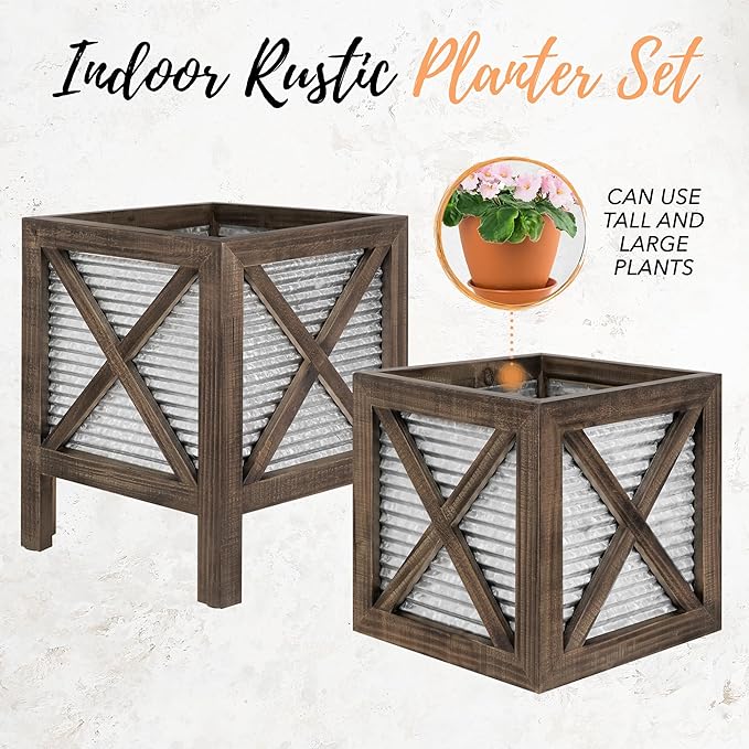 Autumn Alley Farmhouse Front Porch Planters Set of 2 Stand with Galvanized Corrugated Metal Planter for Outdoors/Indoors - Rustic Wood Square Planters Box on Legs – Charming Farmhouse Décor, Brown