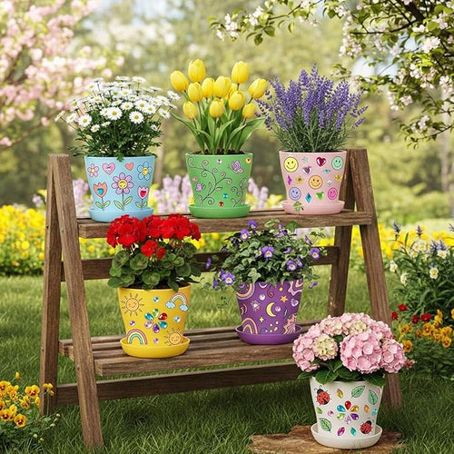24 Set Garden Plastic Paintable Flower Pot Craft Kit 4" Starter Pots DIY Painting Party Supplies with Acrylic Paint Strips Gardening Kit for Planting Crafts Birthday Easter Spring Gift