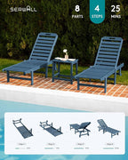 SERWALL Outdoor Chaise Lounge Set of 8, HDPE Pool Lounge Chairs with 5-Position Adjustable Backrest, Patio Loungers with Rolling Wheels & Cup Holder for Pool Sunbathing, Navy