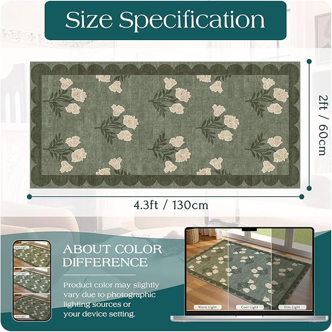 Outdoor Rug Floral Scalloped Mat, Sage Green, 2 x 4.25 ft