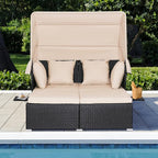 ORALNER Outdoor Daybed, 2-Person Wicker Patio Sofa with Retractable Canopy, Cushions & Pillows, 2 Side Trays, PE Rattan Double Sunbed Lounger for Deck Poolside Backyard Garden Balcony (Khaki)