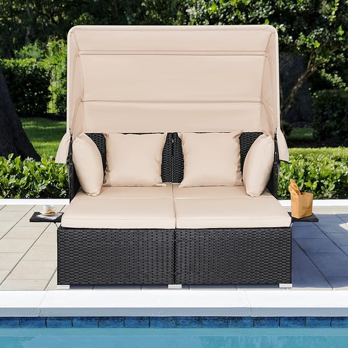 ORALNER Outdoor Daybed, 2-Person Wicker Patio Sofa with Retractable Canopy, Cushions & Pillows, 2 Side Trays, PE Rattan Double Sunbed Lounger for Deck Poolside Backyard Garden Balcony (Khaki)