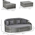 Outsunny 4-Piece Outdoor Rattan Furniture Set, Round Convertible Patio Daybed or Sunbed, Sectional Sofa with Canopy, Pillows, Cushions, Footrest, Table, PE Plastic Wicker, Gray