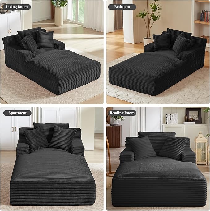 78.7" Chaise Lounge Chair Indoor, Oversized Boneless Couch Comfy Upholstered Sleeper Sofa Bed with 3 Pillows, Corduroy Cloud Reading Chair for Living Room No Assembly Required, Black