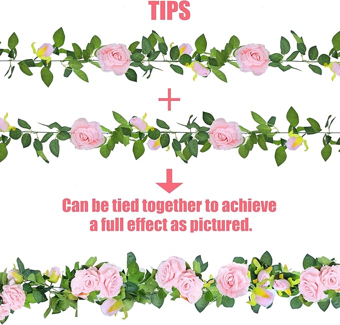 Artificial Plants Greenery Pink Silk Rose Vine Garland, 4 Pack, 7.75 Ft Each