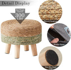 Cpintltr Ottoman Natural Seagrass Footrest Poufs Hand Weave Round Foot Stool for Couch Desk Soft Step Stool Padded Foot Rest with Pine Legs for Living Room Bedroom Natural/Green