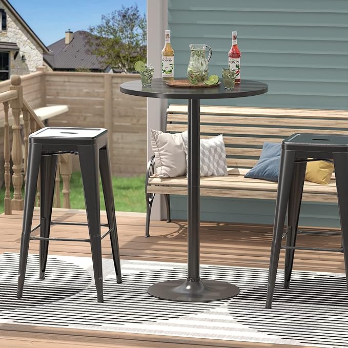 Furmax Bistro Pub Table 2 Pack Round Bar Height Cocktail Table Metal Base MDF Top Obsidian with Black Leg 23.8-Inch Top, 39.5-Inch Height (Black)
