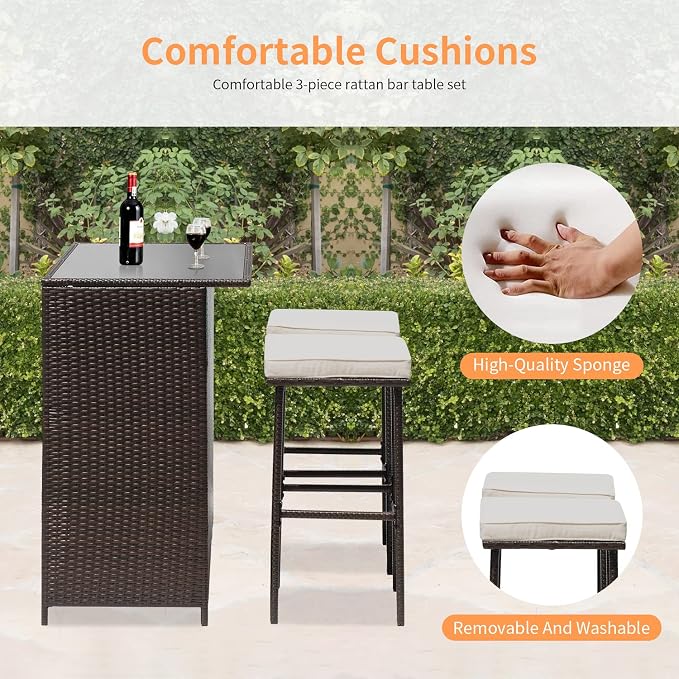 Bistro Set 3-Piece Khaki Wicker Bar Table with Glass Top