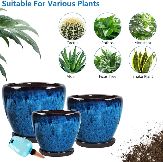 Ceramic Pots for Plant with Self Watering Globes, 6 inch Planters for Indoor Plants with Saucer, Glaze Flower Pots Outdoor with Drainage Holes, Decorative Garden Pots
