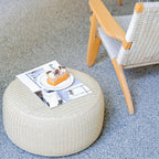 Woven Inflatable Ottoman with Air Pump D21”x H10” Outdoor Indoor Pouf Patio Footrest Stool with Portable Handle, Round Ottoman for Patio Garden, Camping, Bedroom, Living Room Natural Color