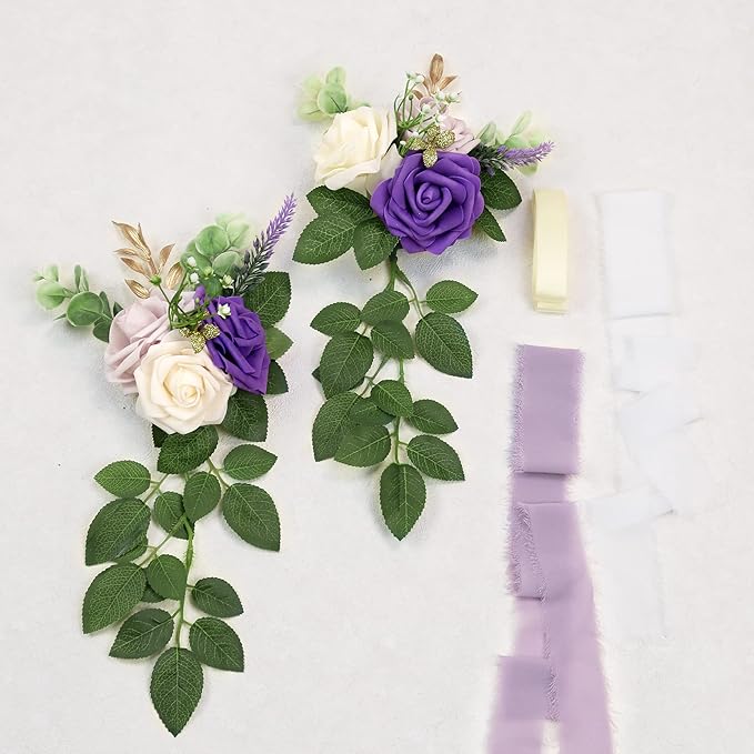 Artificial Pew Flowers, Set of 10 Purple Rose Chair Decor for Weddings