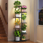 LASZOLA 6 Tier Plant Stand Indoors Outdoors with Light for Large Heavy Duty Planter, Black Metal Tall Flower Holder Rack for Modern House Corner, Vertical Iron Organizer with Multiple Rustic Shelf