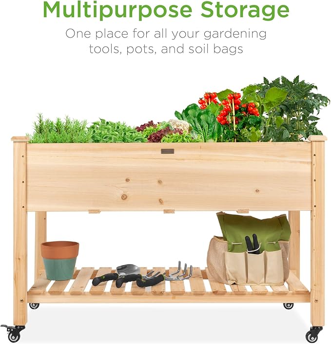 Best Choice Products Raised Garden Bed 48x24x32-inch Mobile Elevated Wood Planter w/Lockable Wheels, Storage Shelf, Protective Liner - Natural