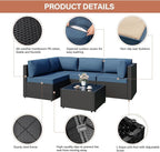 JAMFLY Patio Furniture Sets, 5-Piece Outdoor Patio Furniture with Thick Cushions, Wicker Outdoor Conversation Set Sectional Sofa for Backyard, Poolside, Garden, Aegean Blue