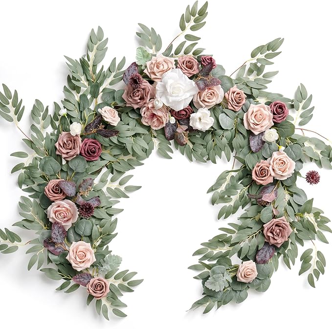 Artificial Flower Garland, 6 Ft Dusty Rose Eucalyptus Willow Leaf