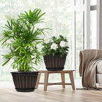 FGstyle 4 Pack 16 inch Plant Pots, Retro Vertical Stripe Planters with Drainage Holes and Saucer, Sturdy Plastic Garden Flower Pots for Indoor & Outdoor Plants(Black)