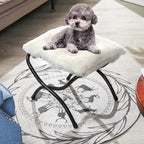 15" Foldable Foot Stool Ottoman with Metal Frame - Washable Faux Fur Beige Upholstered Indoor/Outdoor Footrest for Living Room, Bedroom, Patio - Space-Saving Compact Design