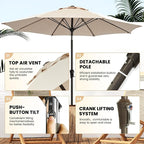 Ayge 9FT Large Outdoor Patio Umbrella Market Table Umbrella-UV Resistant, Easy Push Button Tilt and Crank, 8 Sturdy Fiberglass Ribs Heavy-Duty Pool Umbrella for Deck, Backyard,Garden,Beige