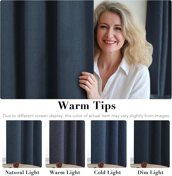 H.VERSAILTEX Linen Blackout Curtains 72 Inches Long 100% Absolutely Blackout Thermal Insulated Textured Linen Look Curtain Draperies Anti-Rust Grommet, Energy Saving with White Liner, 2 Panels, Navy