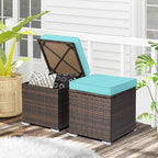 RELAX4LIFE Wicker Outdoor Storage Ottoman, 2-Piece Rattan Footstool w/Removable Cushion, Multipurpose Footrest Stool Side Table Additional Seating, Set of 2 Outdoor Ottomans for Patio Deck (Turquoise)