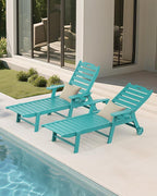 Carauci Lounge Chair Outdoor Set of 2, HDPE Chaise Lounge with Wheels, 5-Position Adjustable Backrest & 2 Cup Holders Patio Lounge Chair, All-Weather Pool Sun Lounger for Poolside, Backyard, Lake Blue