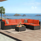 7-Piece Patio Furniture Set - Outdoor Sectional Sofa Set with Cushions and Glass-Top Coffee Table for Gardens, Poolside, Backyards and Porches, Black/Orange