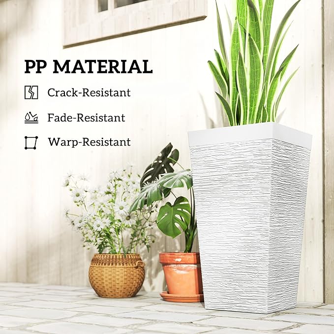 Outsunny 22.8 Inch Tall Planters for Outdoor Plants, Set of 3 Plastic Flower Pots with Stone Finish and Wheels, Stackable Tapered Planters with Drainage Hole for Indoor Plants, Front Porch, White