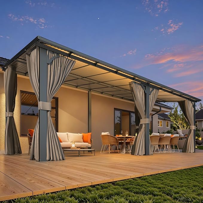 AECOJOY 20' x 10' Outdoo Gazebo for Patio with Curtains and Netting, Large Wall-Mounted Pergolas and Gazebos Clearance Hardtop 10x20 Lean to Metal Gazebo with Patio Roof, Heavy Duty Awnings for Patio