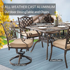 7-Piece Cast Aluminum Patio Furniture, Patio Dining Set for 6 Include 59" Rectangular Outdoor Dining Table, 4 Stackable Chairs & 2 Swivel Chairs with Cushions & Umbrella Hole(Bronze)