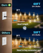 VIPAR Outdoor String Lights 60FT LED Patio Lights LED Waterproof with 26+2 Shatterproof ST38 Edison Bulbs, 2700K Connectable Outside Hanging Light for Porch, Garden, Backyard, Deck, Balcony, Decor