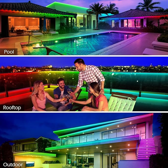 AILBTON 100ft Outdoor LED Strip Lights Waterproof,IP68 Outside Led Light Strips Waterproof with Bluetooth App Remote Control,Music Sync RGB Exterior Led Rope Lights,for Balcony,Deck,Roof,Garden,Pool.